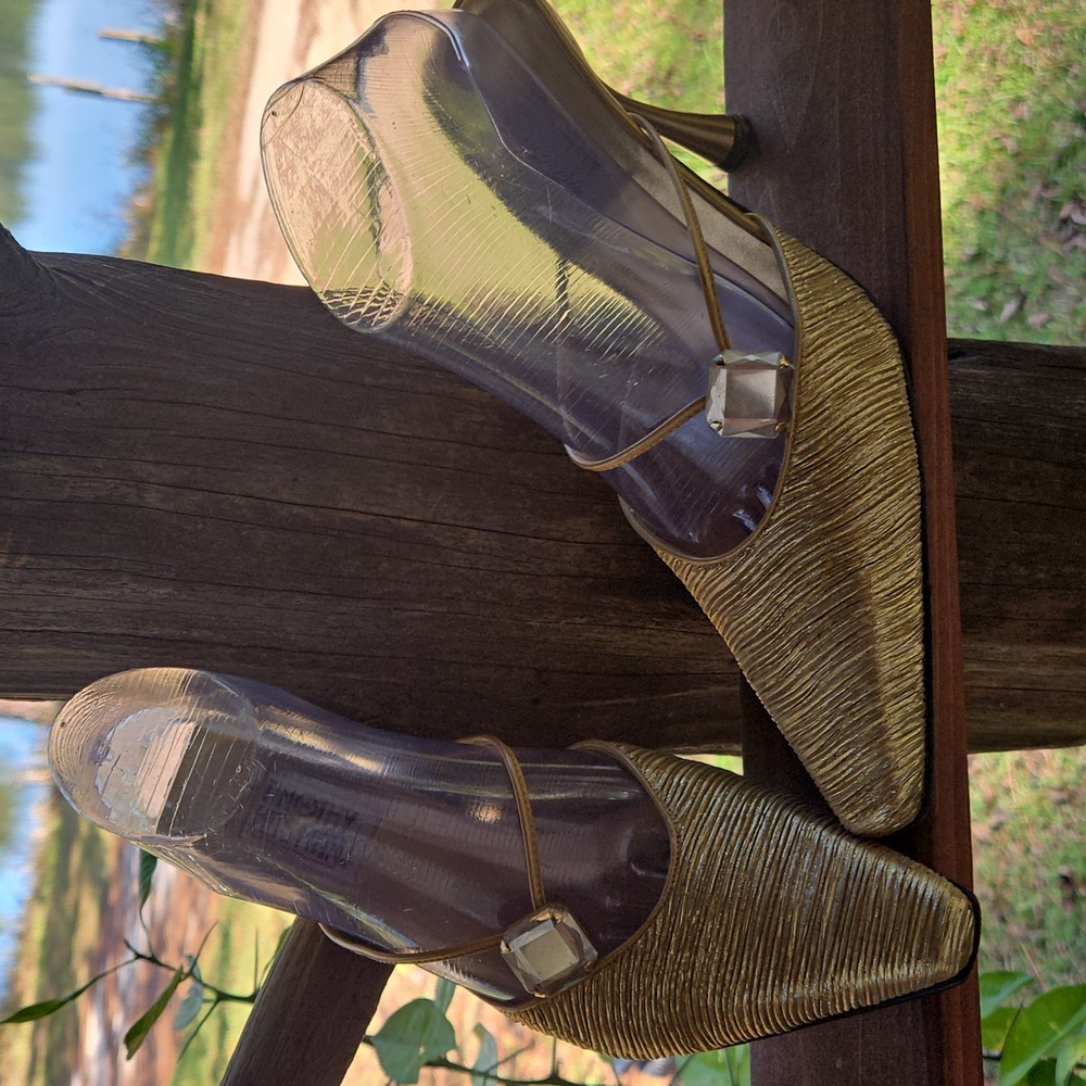 Timothy Hitsman Metallic Gold Heeled Mule With Jewel Adornment At Vamp Size 9
